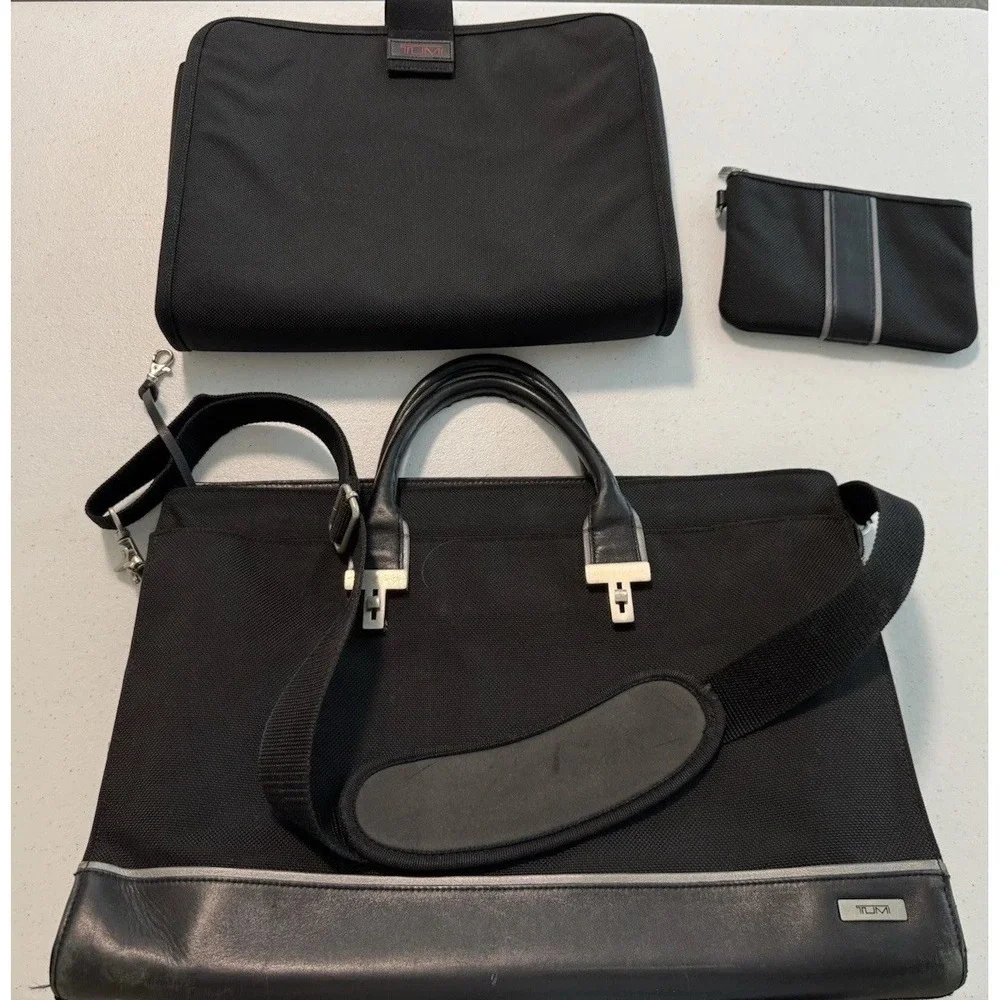 Tumi Elements Black Ballistic Nylon Leather Trim Briefcas Laptop Sleeve&Mini Bag
